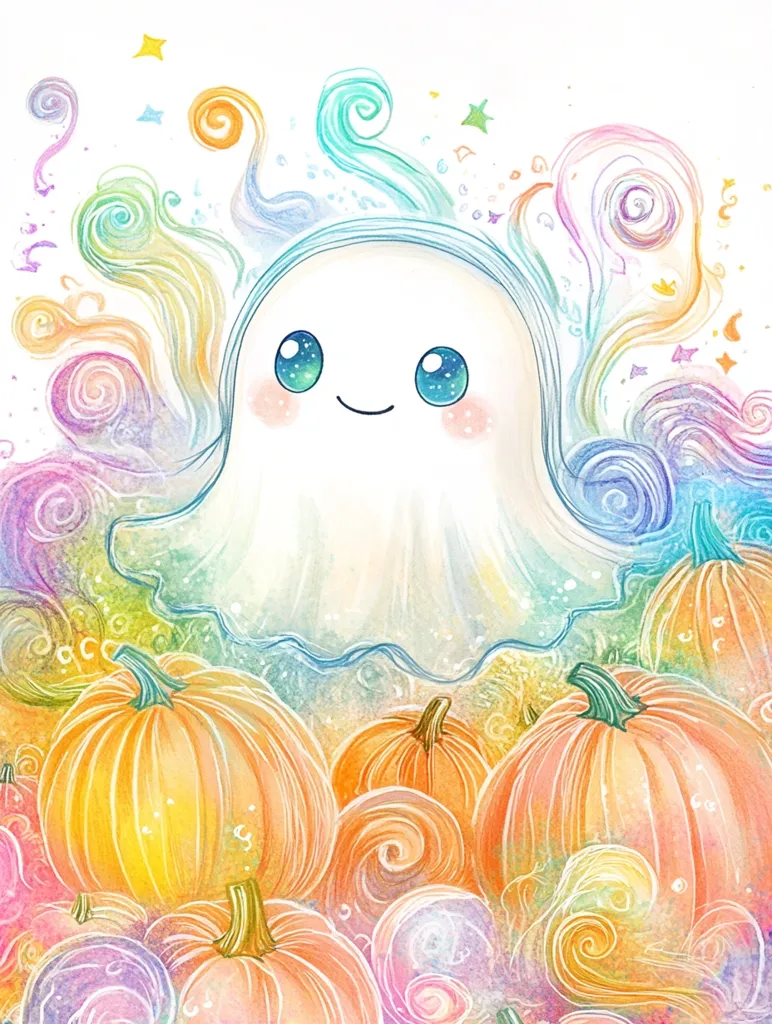 A cute cartoon ghost with big blue eyes and a happy smile floats above a pile of pumpkins. The ghost is surrounded by swirls of rainbow colors and small stars, creating a whimsical and magical atmosphere. The pumpkins are painted in warm orange hues, adding a touch of autumnal charm. The overall image is a delightful blend of playful and festive elements, perfect for a Halloween celebration.
