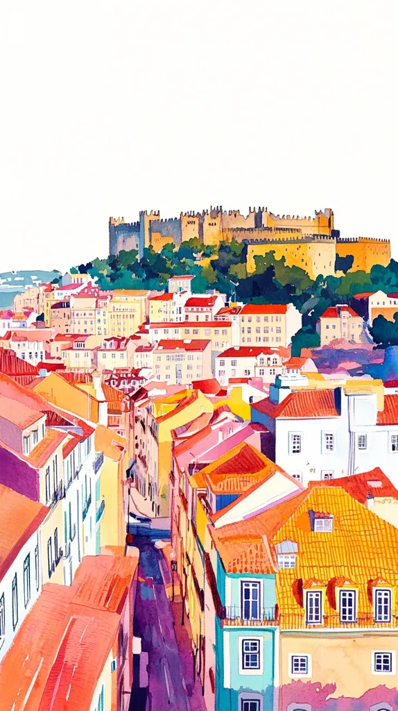 The image is a watercolor painting depicting a cityscape with a castle perched atop a hill in the background. The foreground features a narrow street lined with colorful buildings, their red tile roofs and pastel-colored facades adding vibrancy to the scene. The painting captures the charm of a European city, with its winding streets and historic architecture.  The bright hues and loose brushstrokes create a cheerful and lively atmosphere.