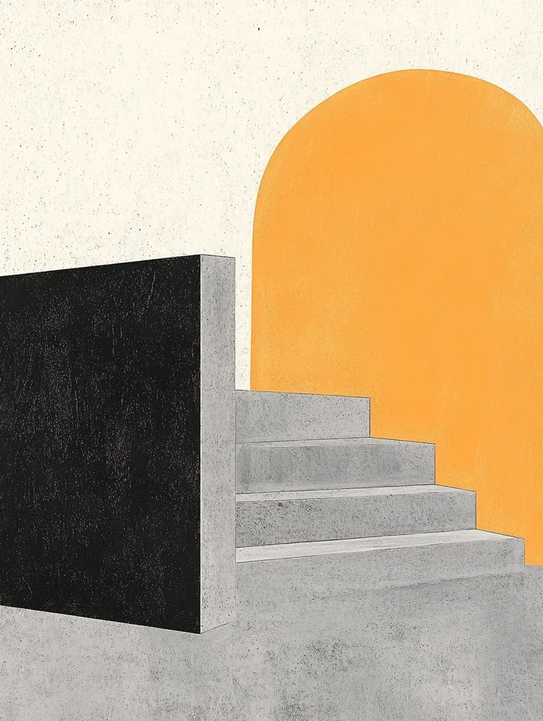 A set of concrete steps ascend to the right, disappearing behind a large, yellow, semi-circular shape. The steps are against a black wall and stand on a gray floor. The background is a light cream color.