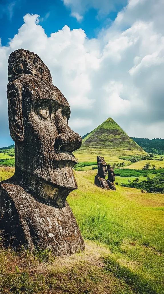 The image shows three large, ancient moai statues on Easter Island, carved from volcanic rock. The statues have large heads with distinct facial features. They are positioned on a grassy hillside against a backdrop of a green, pyramidal hill. The sky is blue with white fluffy clouds. The scene evokes a sense of mystery and grandeur.