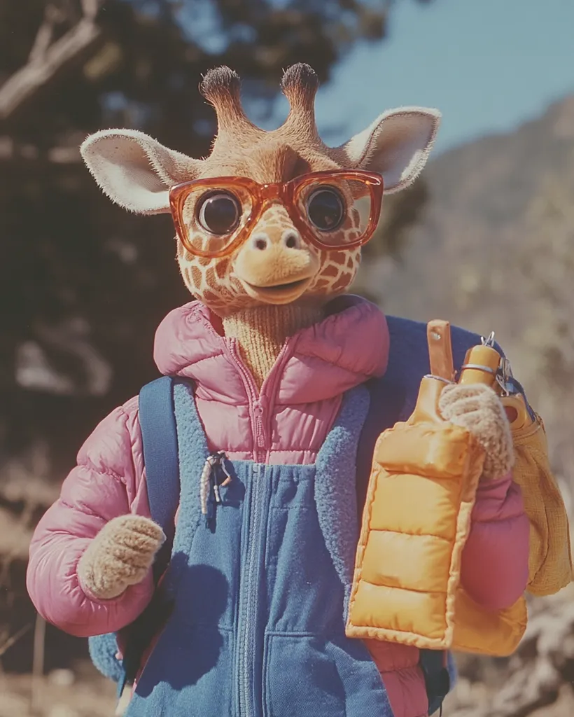 A giraffe wearing a pink puffer jacket, blue overalls, and brown-rimmed glasses, stands holding a yellow water bottle. The giraffe appears to be out for a hike, wearing a backpack and a look of determination. The background is a blurred image of trees and a mountainside.  The overall image is whimsical and friendly.