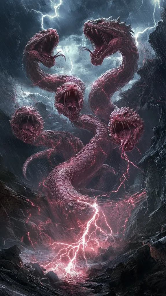 A monstrous, multi-headed serpent, its body a swirling mass of pink scales, writhes amidst a stormy sky. Lightning flashes in the background, illuminating the creature's jagged teeth and angry eyes. Rain pours down, adding to the chaotic scene. The serpent's powerful presence dominates the image, evoking fear and awe.
