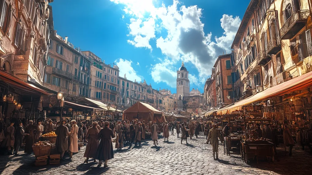 The image shows a bustling marketplace in a European city. Tall, colorful buildings line a cobblestone street, and vendors hawk their wares from beneath awnings. People mill about, some browsing the goods, others chatting or eating. A tall bell tower rises in the distance, and the sky is a bright blue with fluffy clouds. The atmosphere is vibrant and lively.