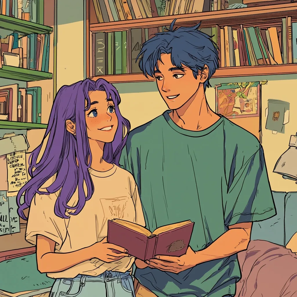 A young couple stands in a room filled with bookshelves. The woman, with long purple hair, smiles as she holds a book in her hands. The man, with blue hair, looks at her with a gentle smile. The bookshelves behind them are filled with various books, suggesting a shared love of reading. The overall tone of the image is warm and inviting, showcasing a moment of connection and intimacy between the two.