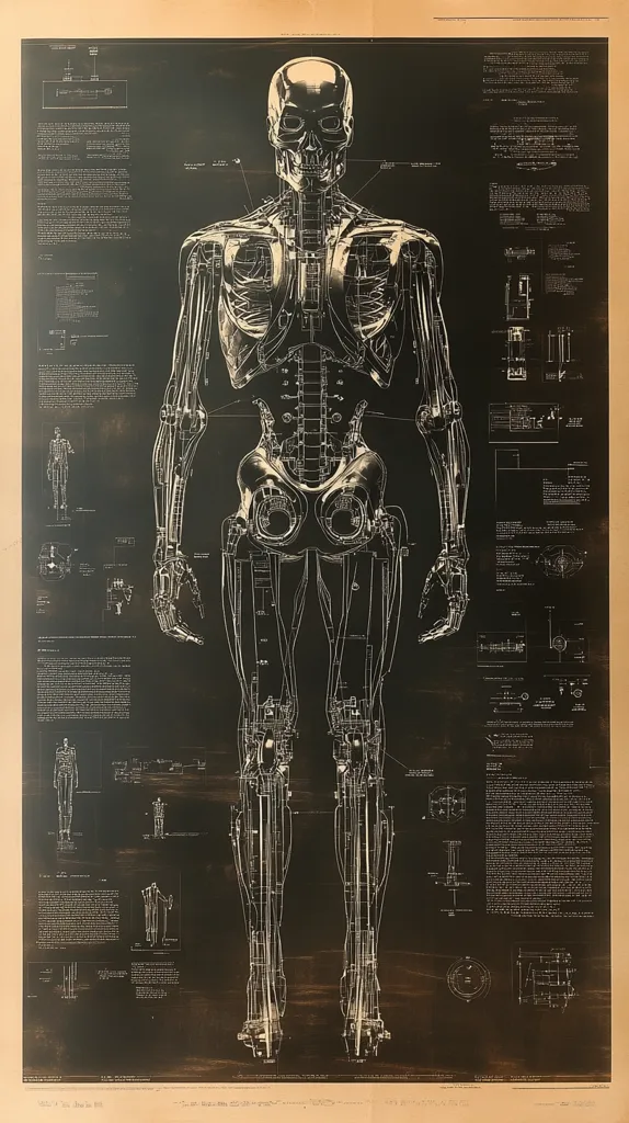 A detailed technical drawing of a humanoid robot, depicted in white lines on a dark brown background. The illustration is labeled with anatomical components and measurements. The robot's skeletal structure is visible, along with internal workings, showcasing a complex mechanical design. Surrounding the central figure are smaller diagrams and text, suggesting technical specifications and schematics.