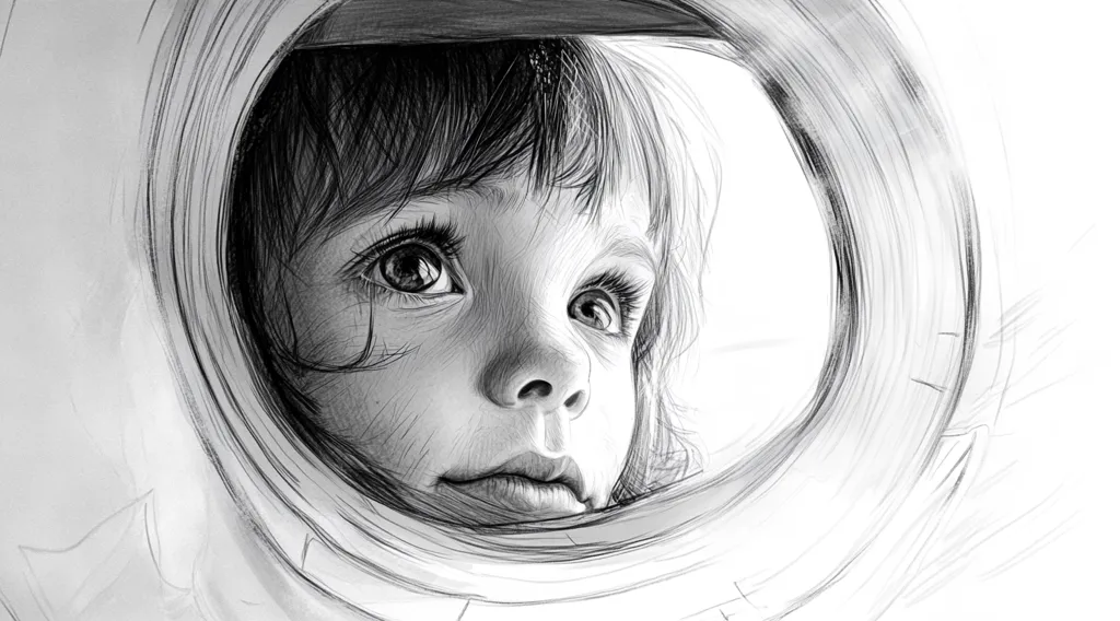 A black and white drawing of a young girl looking up and out of a circular opening. She has long hair, big eyes, and is looking curious. The drawing is done in a realistic style with shading and detail. The background is white, drawing attention to the girl's face.