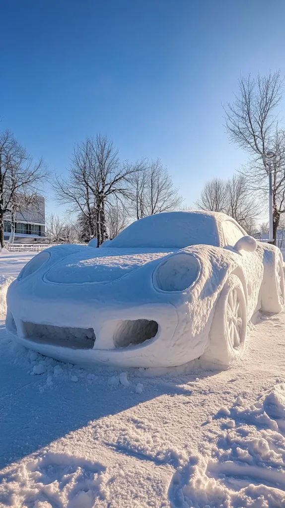 A detailed snow sculpture of a car sits on a snowy ground. The sculpture is incredibly realistic, capturing the car's curves and details with remarkable precision. The background features a clear blue sky and bare trees, enhancing the stark contrast between the white snow and the bright blue sky. The overall image evokes a sense of winter tranquility and the artistic talent of the sculptor.