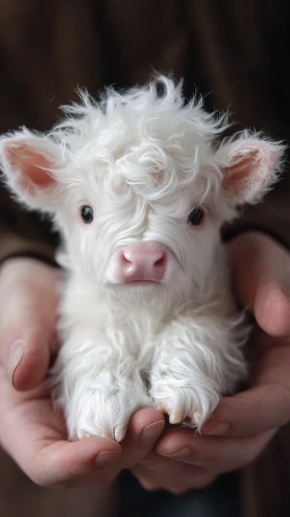 A small, fluffy white calf is held gently in two hands. Its big, dark eyes are wide open, staring directly at the camera. Its pink nose and hooves are visible. The calf's soft fur covers its entire body, creating a cuddly and adorable appearance. The image captures the innocence and vulnerability of a young animal.