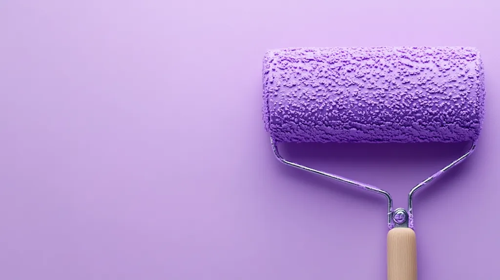 A purple paint roller rests on a purple background. The roller is covered in purple paint and has a silver handle and a wooden grip.  The paint roller is positioned on the right side of the image, leaving space for copy or other elements. The color scheme is consistent, creating a visually appealing and cohesive image.