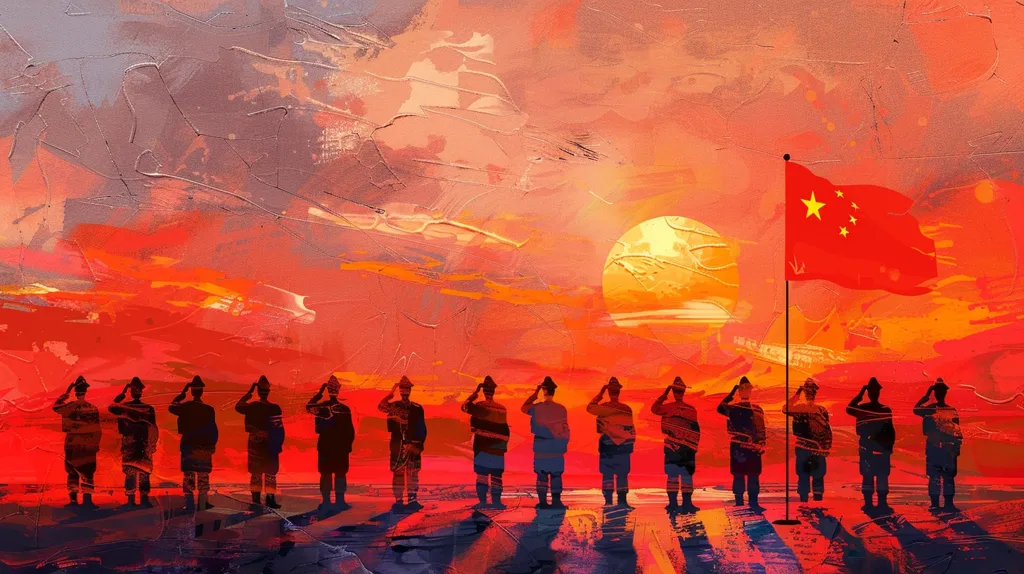 The image is a patriotic painting of a group of soldiers in silhouette saluting a Chinese flag waving in the wind. The soldiers are standing in a line in front of a red and orange sunset with a bright sun in the background. The painting is an abstract and stylized representation of national pride.  The artist has used bold colors and strokes to create a sense of movement and energy.