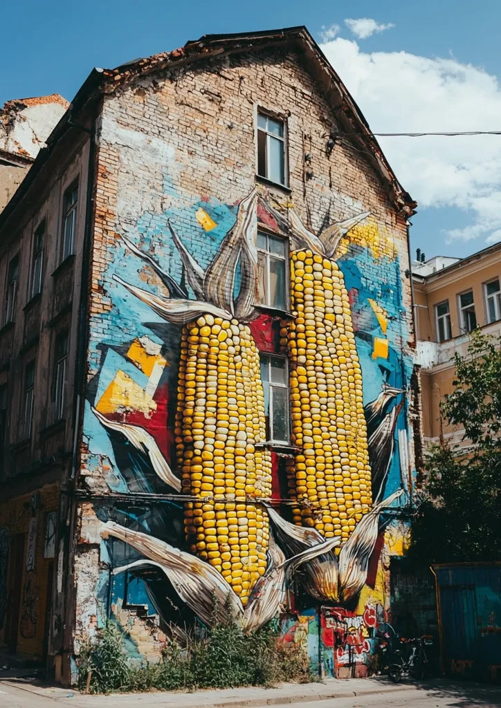 A brick building with an intricate mural of two large corn cobs. The cobs are realistically painted with vibrant yellow kernels and green husks. The mural covers the entire wall, creating a striking visual contrast against the weathered brick. The building is situated in a city, with other buildings visible in the background. The image captures a unique fusion of street art and urban architecture.