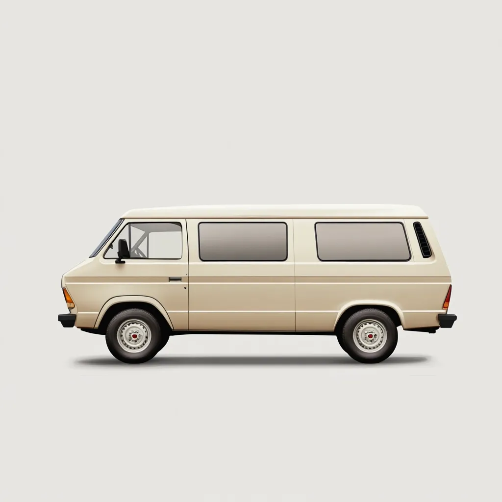 The image shows a light beige van with black trim around the windows and a black side mirror. It is viewed from the side, and the van is parked on a gray background. The van has a small front overhang and a large, squared-off rear end. There are two large windows on the side, and the rear door appears to be closed. The van has silver wheels with black hubcaps.