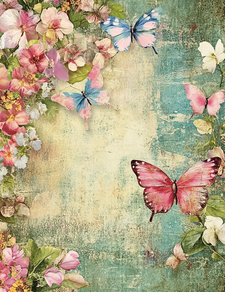 The image is a vintage-style background with a floral border. Pink and white flowers, with green leaves, surround a textured blue and green background.  Three butterflies with pink and blue wings add a touch of whimsy to the composition. The overall feel is romantic and nostalgic.