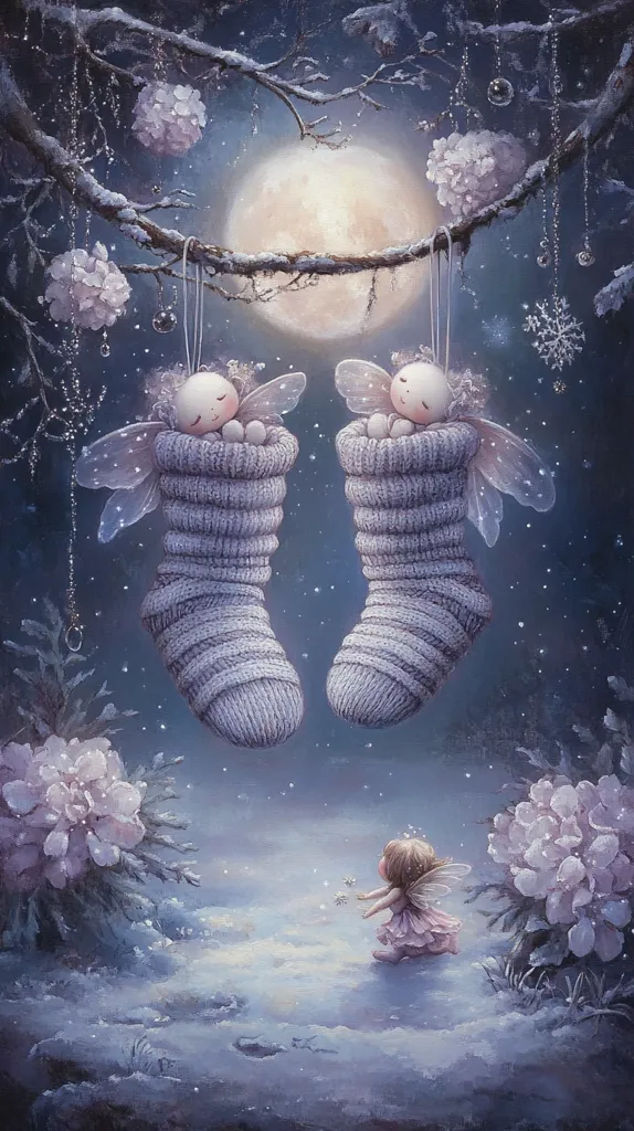 Two fairies sleep in large, hanging stockings. The stockings are made of fluffy, white material. The fairies have white wings and are tucked into the socks. A small fairy stands below, looking up at them. The scene is set in a snowy forest with a full moon. The overall tone is dreamy and magical.