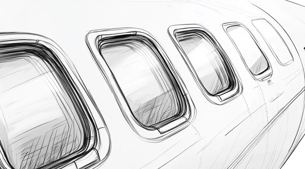 The image is a sketch of an airplane's side. It shows four windows, each with a distinct outline, and a slight curve to the fuselage. The lines are drawn with a light hand, giving the impression of a quick but detailed sketch. The image focuses on the details of the plane's exterior, leaving the interior and surroundings to the viewer's imagination.