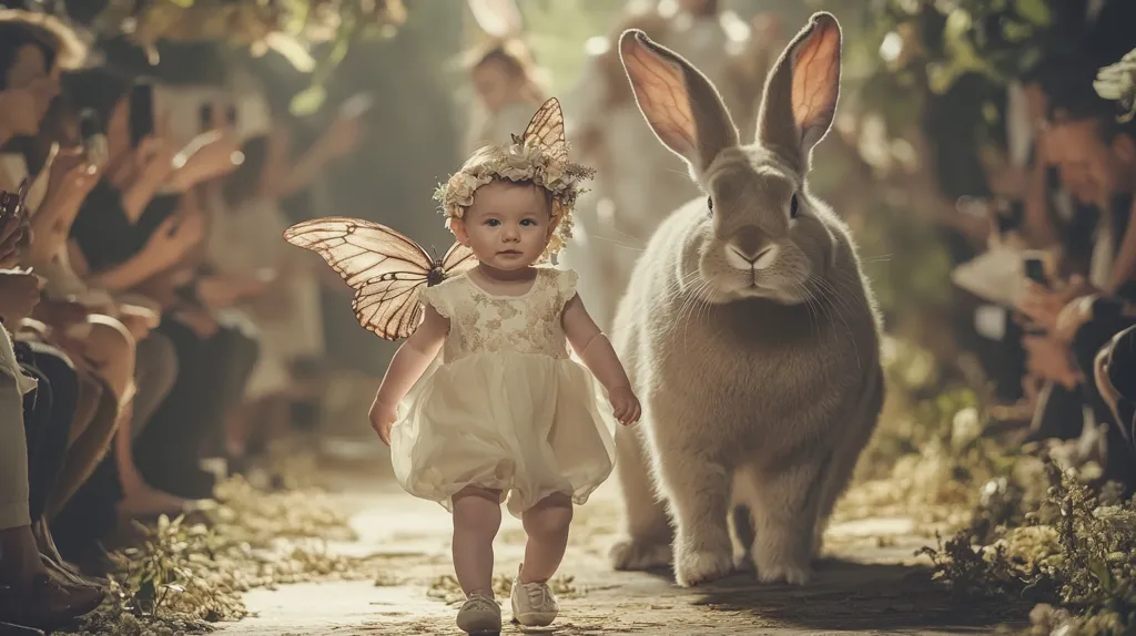 A young girl, wearing a white dress and a butterfly wing, walks down a runway with a large rabbit beside her. The girl has a flower crown in her hair. The runway is surrounded by a crowd of people watching the show. The scene is whimsical and magical, with the background blurred and out of focus.