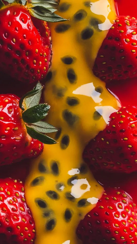 A close-up shot of a dessert made with fresh strawberries and a creamy, yellow passion fruit sauce. The sauce is glistening with the seeds of the fruit, adding texture and visual appeal to the dish. The strawberries are bright red and juicy, contrasting beautifully with the yellow sauce.