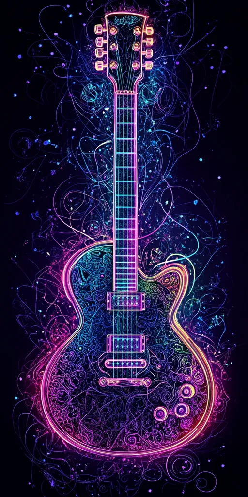 The image shows a neon-colored electric guitar against a black background. The guitar is outlined in bright pink and blue lines. The background is filled with swirling, neon-colored lines that create a sense of movement and energy. The image is both abstract and beautiful, and it suggests the power and passion of music.