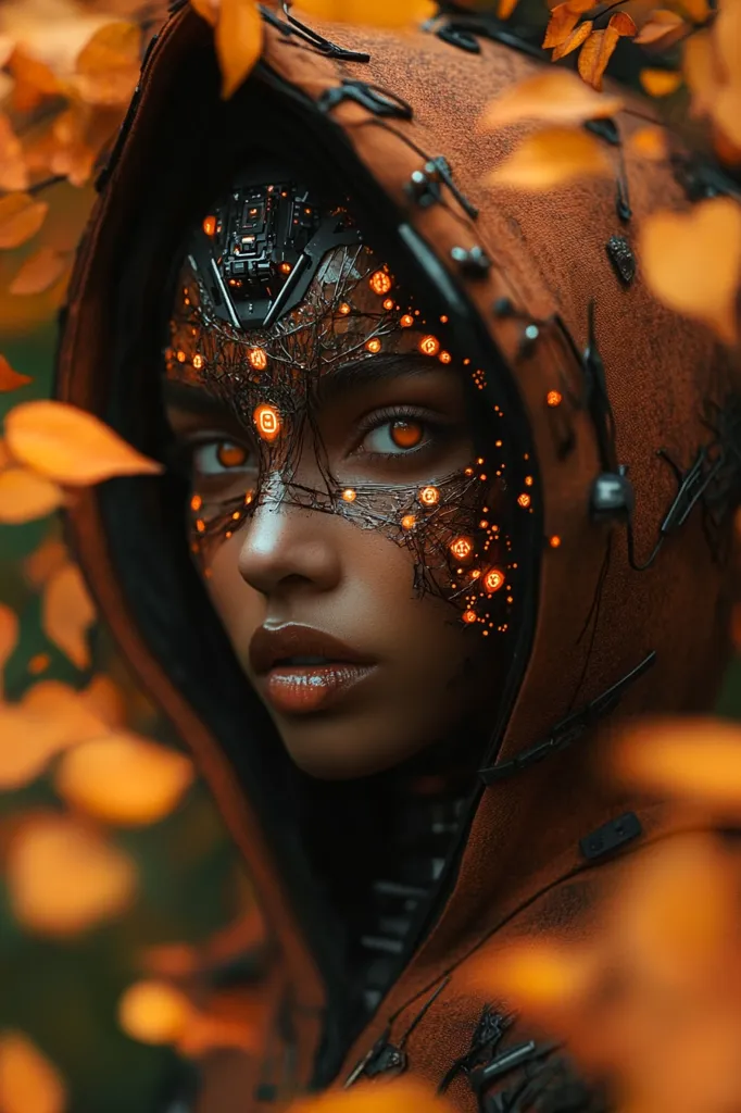 A close-up portrait of a woman wearing a hooded cloak and a futuristic mask. The mask is adorned with glowing orange lights and intricate wiring, creating a surreal and otherworldly effect. The woman's eyes are piercing, and her expression is intense, conveying a sense of mystery and power. The image is framed by autumn leaves, adding a touch of warmth and natural beauty. The overall tone of the image is dark, mysterious, and slightly unsettling, hinting at a story waiting to be told.