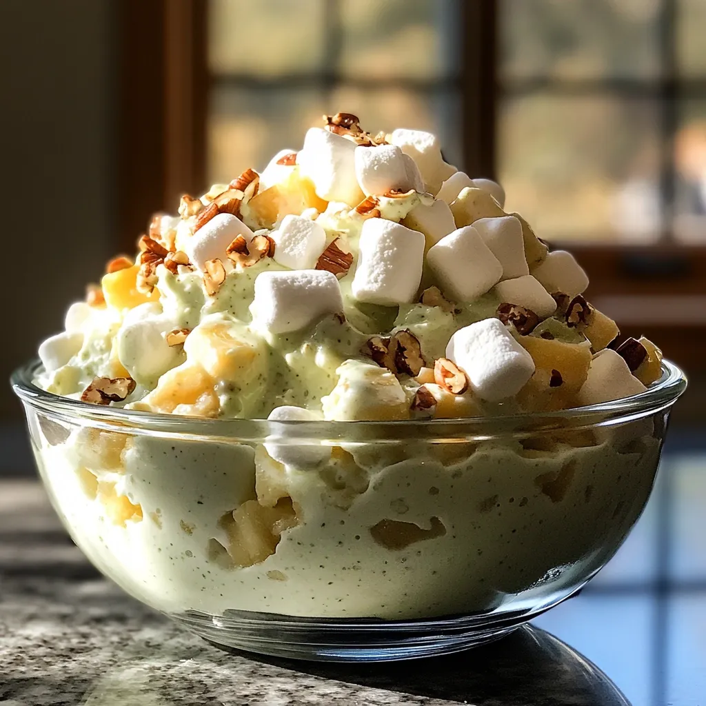 A glass bowl filled with a creamy green salad topped with marshmallows and pecans. The salad is likely a fruit salad, possibly made with pineapple or apples. The bowl is sitting on a granite countertop with a window in the background. The salad appears to be a sweet treat, perfect for a potluck or holiday gathering.