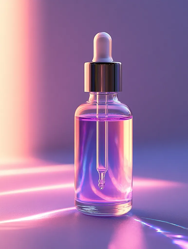 A glass dropper bottle filled with a pink liquid sits on a purple surface. The bottle has a silver top and a white dropper. The surface reflects the light in a shimmering way, creating a beautiful and ethereal aesthetic. The image evokes a sense of calmness and serenity.