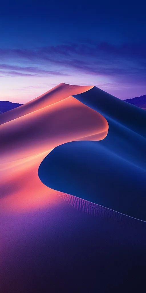 The image shows a vast, rolling sand dune bathed in the ethereal glow of a twilight sky. The sand is a soft, peachy orange, contrasting with the deep indigo of the sky and the cool blue shadows that stretch across the dune. The scene is serene and otherworldly, evoking a sense of peace and vastness. The delicate ridges in the sand add texture and dimension to the landscape. The colors are soft and muted, creating a dreamy atmosphere.