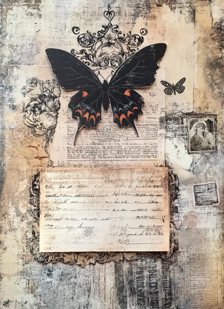 The image is a collage with a vintage aesthetic. It features a large black butterfly with orange markings, positioned above a piece of paper with handwritten text. Other elements include a smaller butterfly, a framed photograph, and several pieces of paper with faded text and markings. The overall style is rustic and distressed, creating a sense of history and timeworn beauty.