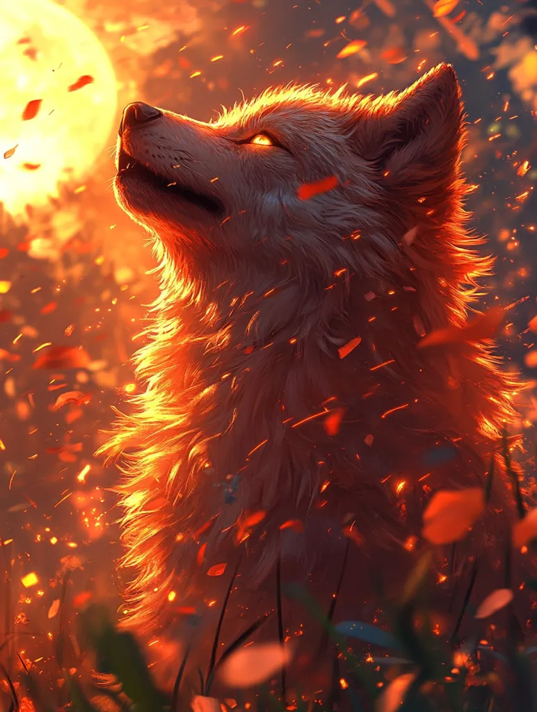 A white wolf stands in a field of tall grass, its fur glowing with an orange light. It is looking up at the sky, which is filled with falling orange petals and a large, bright moon. The scene is magical and ethereal, with the wolf appearing to be surrounded by fire.