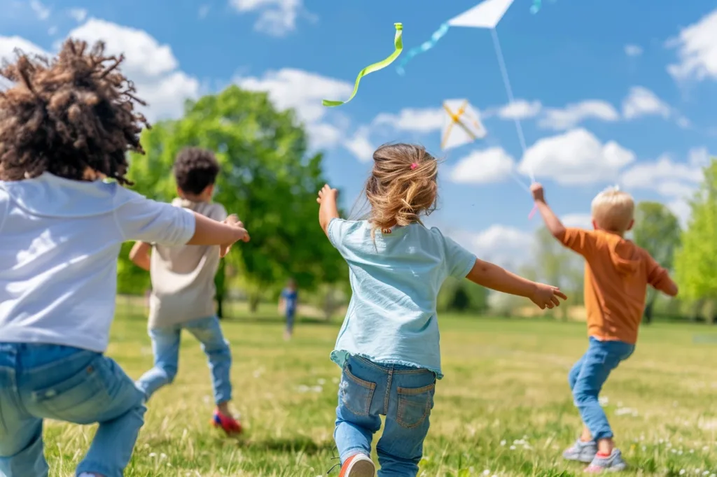 Three children are playing in a grassy field on a sunny day. The girl in blue is running with her arms outstretched, while the boy in orange is flying a kite.  Another boy, wearing a white shirt and jeans, is running in the opposite direction.  The sky is bright blue with white clouds.