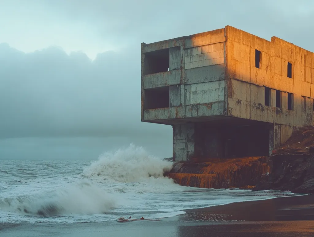 A weathered concrete building stands precariously on the edge of a rocky coastline. The building's windows are empty and the structure seems abandoned. In the foreground, large waves crash onto the black sand beach, sending spray high into the air. The sky is overcast, adding to the sense of desolation. The scene captures a moment of wild beauty and silent abandonment.