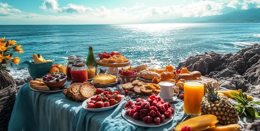 A beautiful picnic by the sea with a spread of food including fresh fruit, pastries, and drinks. The turquoise water glistens under the sun, with a picturesque mountain range in the background.  The scene is set on a rocky coastline, with the table covered in a blue tablecloth.  A delicious and inviting spread for a perfect summer day.