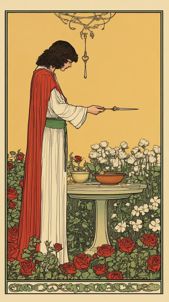 A woman in a white dress and red cloak stands in a garden, holding a small dagger. She is surrounded by lush greenery and roses. She appears to be performing a ritual or incantation, with a small pendant hanging above her. The image is stylized and reminiscent of art nouveau design.  The overall mood is ethereal and mystical.