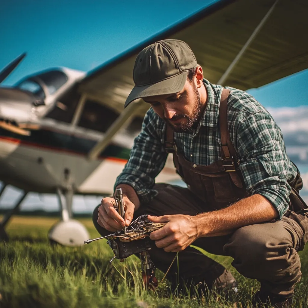 A man in a plaid shirt and overalls kneels in a grassy field, working on a small contraption. He wears a green baseball cap and focuses intently on his task. A small airplane is visible in the background, partially obscured by the man's presence. The setting suggests a rural or outdoor environment.