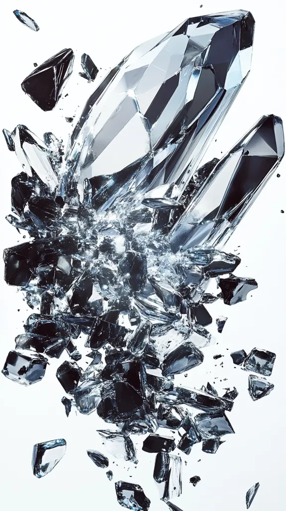 A large, faceted crystal has shattered into numerous pieces, each reflecting light in a dazzling array of blacks and grays.  The shards are suspended in mid-air, creating a dynamic and chaotic explosion of glass.  The white background emphasizes the sharp edges and intricate patterns of the broken crystal.  The image evokes a sense of fragility, power, and the ephemeral nature of beauty.