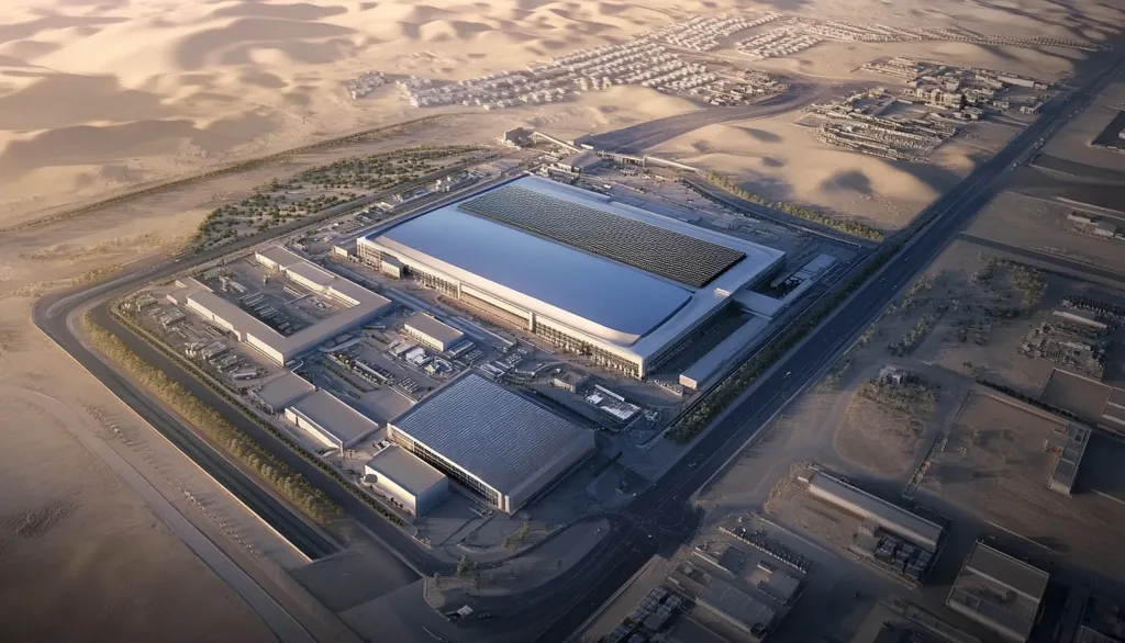An aerial view of a large, modern industrial complex in a desert landscape. The complex features a sprawling, flat-roofed building with a solar panel array, surrounded by smaller buildings and paved roadways.  A highway and a large area of sand dunes are visible in the background.
