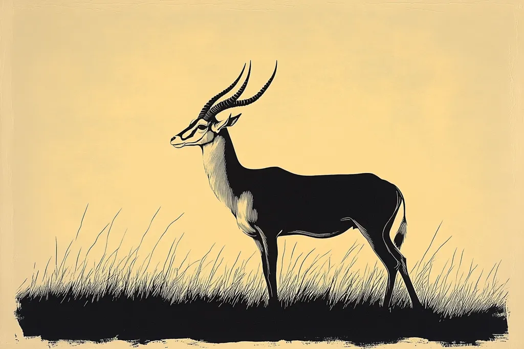 The image depicts a black silhouette of an antelope standing in a field of tall grass. The antelope has long, curved horns and is facing to the right, looking towards the horizon. The background is a pale yellow, creating a stark contrast with the black silhouette. The image is simple and elegant, capturing the essence of the animal and its natural habitat.