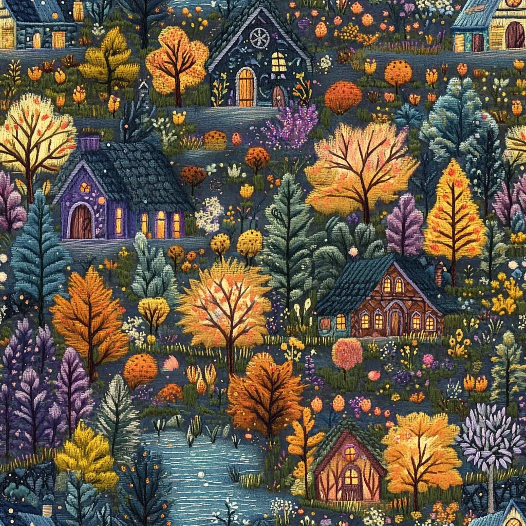 This whimsical illustration depicts a colorful forest with an array of houses and trees. The dominant colors are blue, purple, green, and yellow, evoking a cozy, fantastical atmosphere. Small houses with glowing windows peek through the trees, adding a touch of magic. Flowers and foliage create a dense, layered texture, suggesting a hidden world within the forest.  The overall impression is a vibrant and enchanting scene.