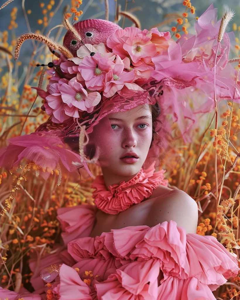 A young woman with fair skin and dark hair wears a pink hat adorned with delicate pink flowers and a veil, and a matching ruffled dress. She has a serious expression and looks directly at the camera. The background is blurred, with a soft focus on warm toned grasses and flowers. The image is styled in a romantic and dreamy fashion, with a focus on the soft textures of the clothes and accessories.