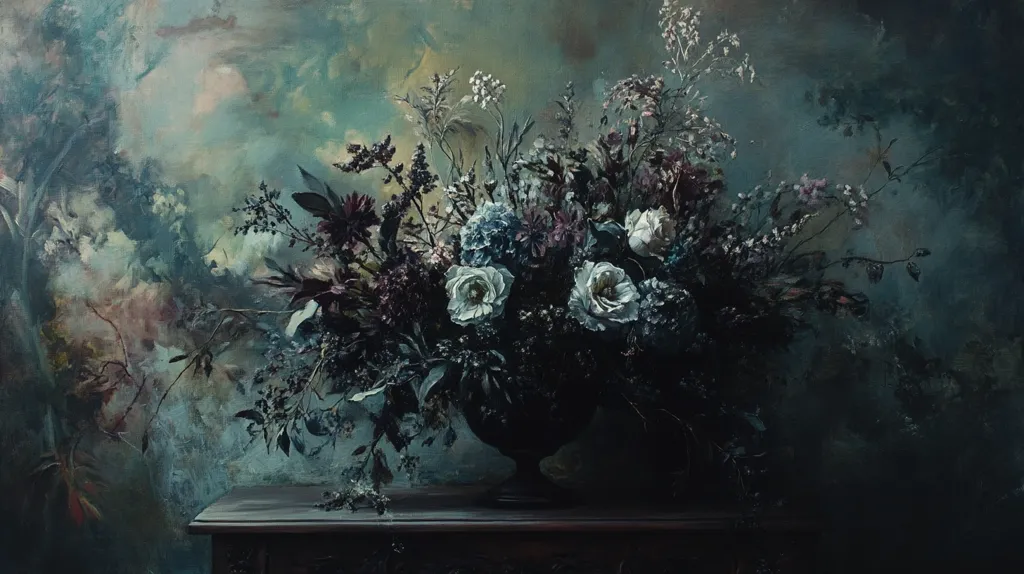 A dark and moody oil painting depicting a bouquet of white and blue flowers in a dark vase. The flowers are arranged in a lush, romantic manner, with the petals almost touching. The background is a dark green and blue, creating a sense of mystery and depth. The flowers are the focal point of the painting, and their delicate beauty is highlighted by the dark background. The overall tone of the painting is somber and melancholic, evoking feelings of longing and nostalgia.
