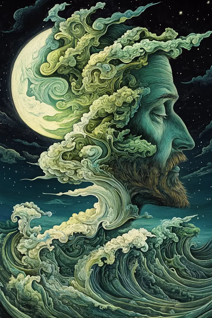 The image is a surreal depiction of a man's face merging with swirling clouds and waves, set against a backdrop of a starry night sky. The man's face is partially obscured by the clouds, creating a sense of mystery and depth. The clouds and waves flow seamlessly into each other, suggesting a connection between the natural world and the human experience. The image is a visual representation of the interconnectedness of all things.