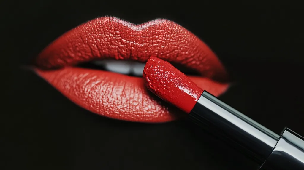 A close-up shot of red lipstick being applied to a person's lips. The lipstick is bright red and glossy, and the lips are full and pouty. The background is a dark black, which makes the red color of the lipstick pop. The image is simple but evocative, and it suggests a sense of sensuality and beauty.