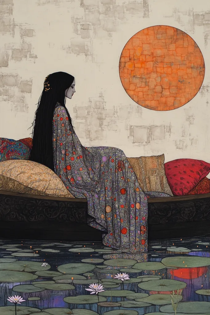 The image depicts a woman in a flowing, patterned robe, sitting on a boat. She has long black hair and is gazing down at the water. The boat is surrounded by lily pads and the water reflects a large, orange, moon-like object in the sky. The background features a textured, white wall. The overall mood of the image is serene and dreamlike.