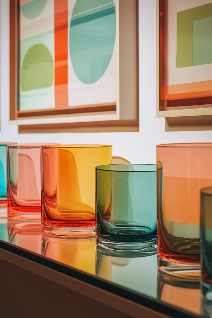 Five colorful glass tumblers sit on a reflective surface in front of a white wall with two framed abstract paintings in vibrant colors.  The glasses are in shades of blue, teal, yellow, orange, and pink.  The glasses and the paintings create a sense of playful minimalism.