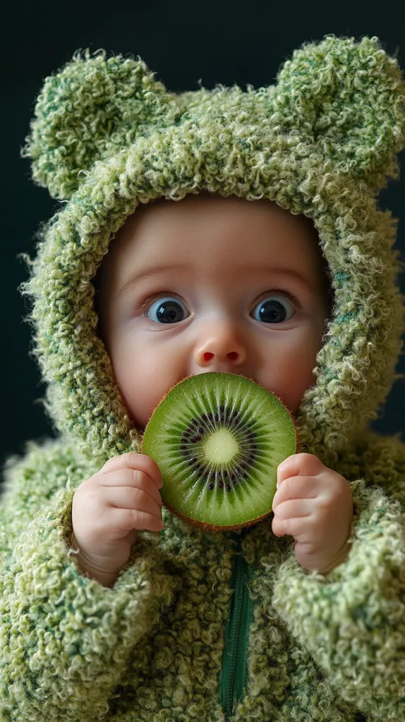 A baby wearing a green fuzzy hooded jacket holds a kiwi fruit slice in front of their face.  The baby's big eyes are wide open and they are looking directly at the camera.  The kiwi fruit slice is centered in the image and covers the baby's mouth.  The image is soft and fuzzy, and the baby looks curious and playful.