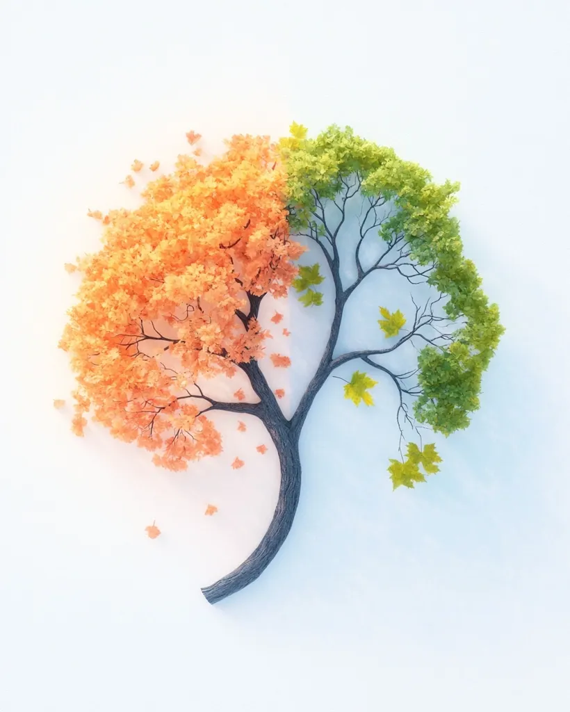 A single tree with half its leaves a vibrant green and the other half an orange-red hue against a white background.  The leaves on the right side are falling from the tree, creating a subtle contrast between the seasons depicted.  The image depicts a tree that is simultaneously in both spring and fall.