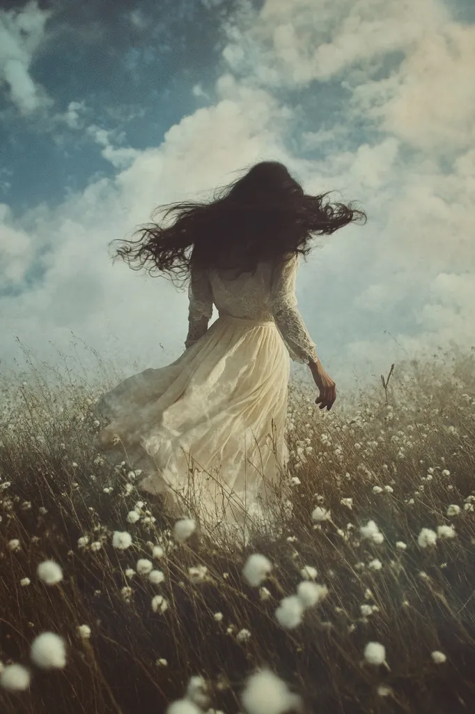 A woman in a white dress walks through a field of tall grass and small white flowers. Her long dark hair flows behind her as she walks away from the camera, into the cloudy sky. The scene is soft and ethereal, with a dreamy and melancholic atmosphere.  The overall feel of the image is mysterious and romantic.