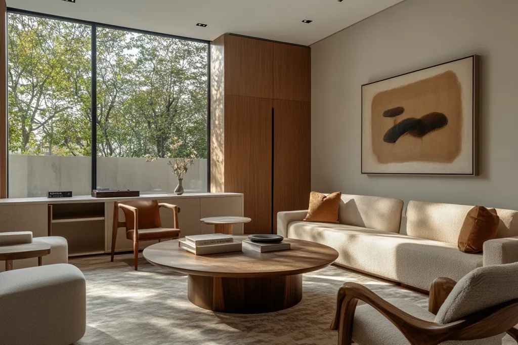 A modern living room with a large window overlooking a lush green forest.  The room is decorated in a minimalist style with a white sofa, a round wooden coffee table, and a large abstract painting on the wall.  The natural light creates a warm and inviting atmosphere. The room is furnished with a couple of chairs and a bookshelf, and is accented with wooden panels and a small plant on the shelf.  The wooden coffee table is stacked with books, giving the room a sophisticated and modern look.