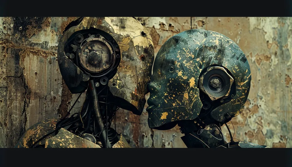 Two robots, with intricate, metallic bodies and faces, are positioned close together, seemingly about to kiss. Their heads are covered in a layer of grime and rust, adding to the gritty, industrial aesthetic of the scene. The backdrop is a weathered, peeling wall, adding to the sense of decay and timeworn beauty.  The robots' expressions are ambiguous, leaving room for interpretation about their feelings and the nature of their connection.