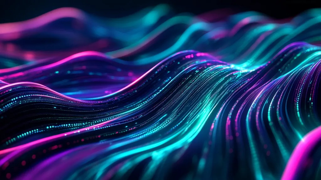 The image shows a swirling, abstract pattern of blue and pink light. It's a close-up shot, and the light appears to be made up of tiny dots. The colors are vibrant and contrasting, creating a sense of energy and movement. The abstract shapes suggest a futuristic or digital aesthetic.