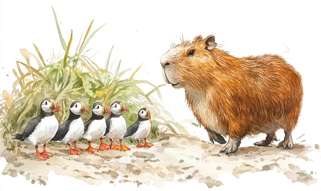 A large, fluffy capybara stands on a sandy beach, looking down at a group of five puffins. The puffins are standing in a row, facing the capybara, and all have their heads tilted slightly, as if curious.  The scene is painted in watercolor and the background features a green patch of grass and flowers.